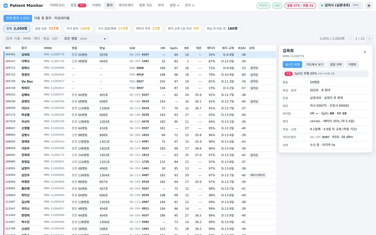 Bio-Signal IoT Platform 화면 — 환자 목록